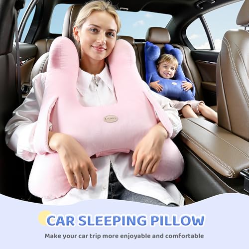 Image of FLORICH Kids Travel Pillow, Car Sleeping Travel Pillow for Kids, Washable H-Shaped Pillow for Adults and Children to Support Head and Body for Road Trips Pillow for Car (Blue)