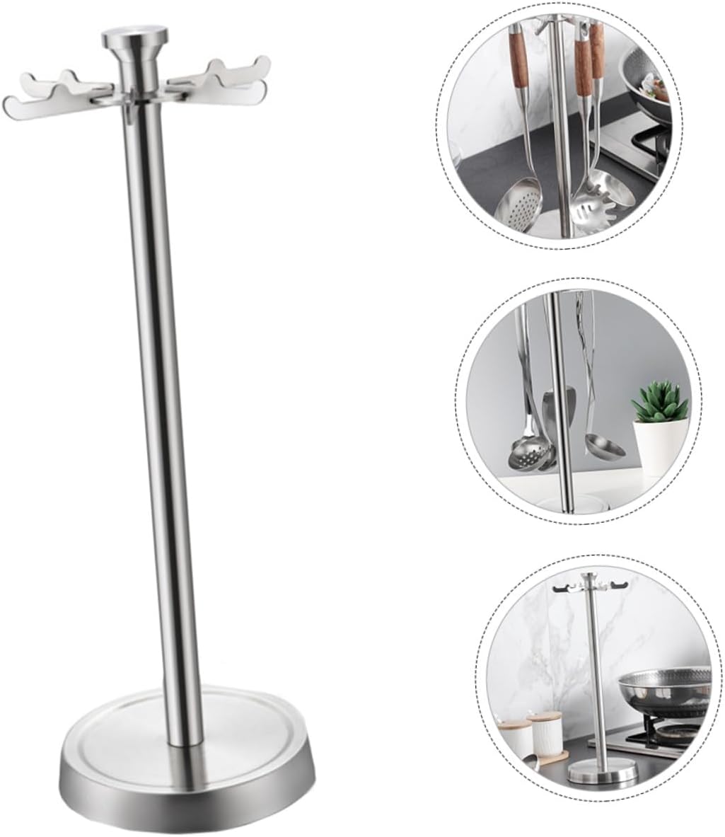 Garneck Stainless Steel Kitchen Rack with 6 Hooks, Utensil Organizer for Cooking Tools, Spoon and Shovel Holder, Kitchen Storage Rack for Home Cooking Utensils