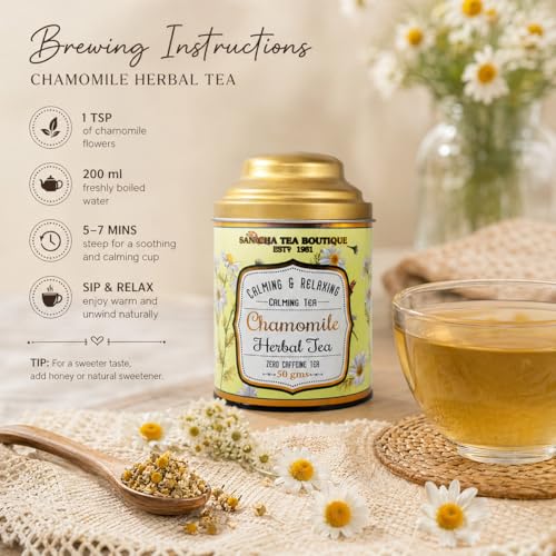 Image of Sancha Tea Boutique, Chamomile Herbal Tisane, Caffeine Free Infusion x Pack of 2 (50gm each), Real Chamomile Flowers, Traditionally Valued for Relaxation & Bedtime Calm