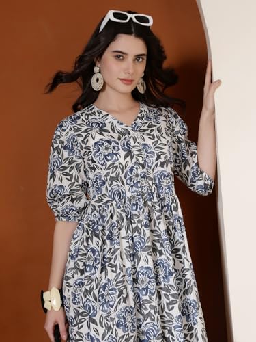 Image of Daevisn Tog Cotton Floral Printed Flared Maxi Dress for Women | Women Women Maxi Length Dress