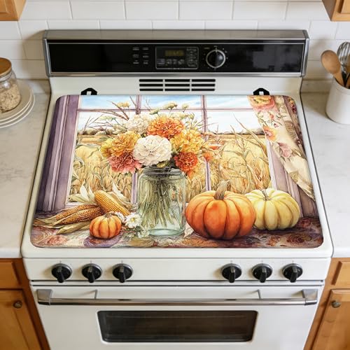 Image of Vintage Flower Vases Pumpkins Stove Top Covers Pad 28 x 20 inches Dish Drying Mat Coffee Bar Mats Kitchen Decor Absorbent Pad Fit Coffee Maker Machine Dish Drying