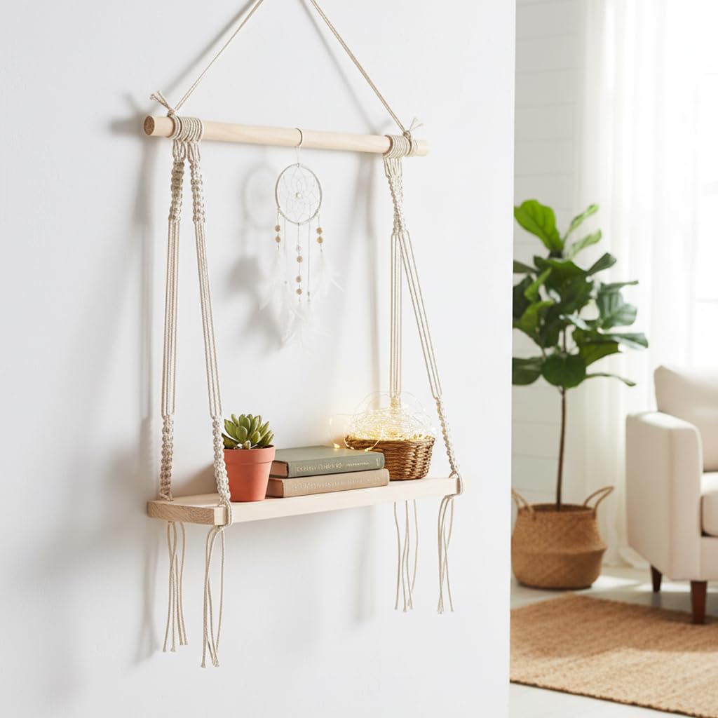 Decazone ® Macramé Wall Hanging Shelf Pine Wood Floating Shelve with Wooden Dowel Modern Chic Woven Décor for Dorm Living Room Nursery Beige Colour 55 x 43cm