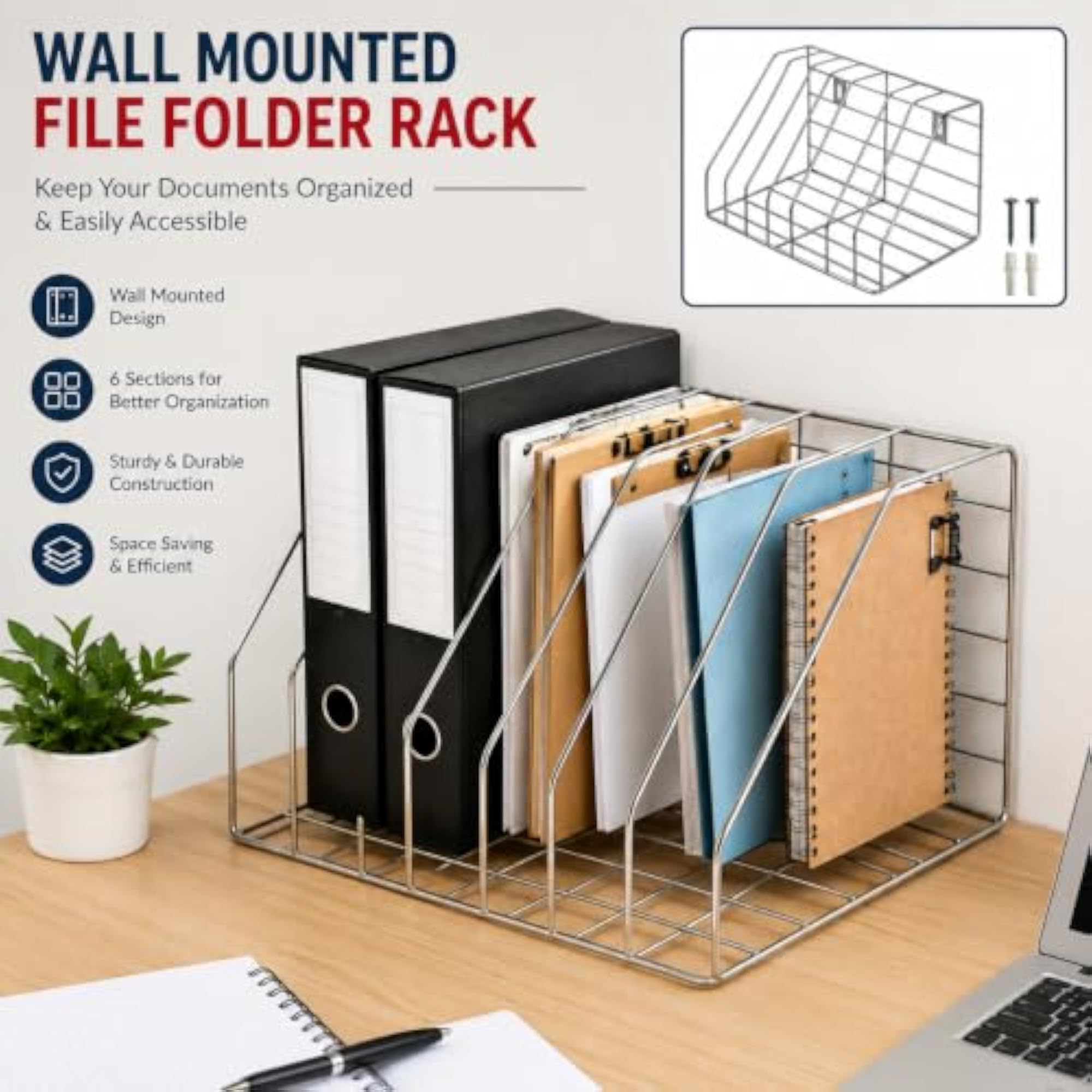 Wall Mounted File Folder Rack, 6 Section, Chrome Wire