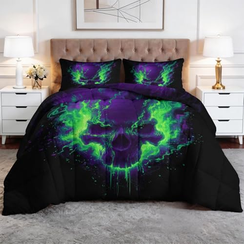 Genérico Edredón Nórdico 220 x 220 cm Halloween Temática De Terror Fuego Diseño, Relleno de Ecopiuma 400g/m² – Confort Térmico 4 Estaciones, Antialérgico – Set 3 Piezas Niños y Niñas, Púrpura
