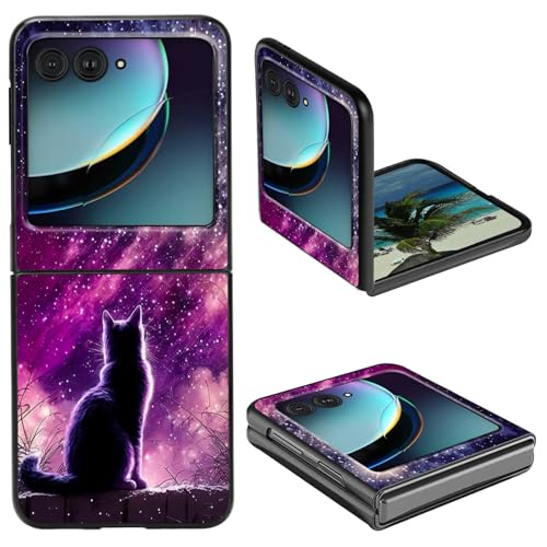 for Motorola Razr Plus 2023 Case with Galaxy Cat Pattern Design Printed Cute Slim Hard PC Shock Proof Protective Phone Case for Motorola Moto Razr Plus 2023 5G 6.9 inch