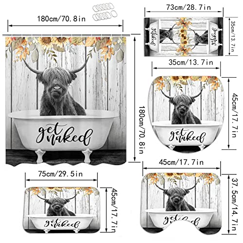 5 Pcs Cow Shower Curtain Set With Rugs And Accessories Funny Bull Longhorn Cattle Bathroom Accessory Set Include Towel, Non-Slip Rug, Contour Rug And Toilet Lid Cover, Shower Curtain With 12 Hooks #TOP3