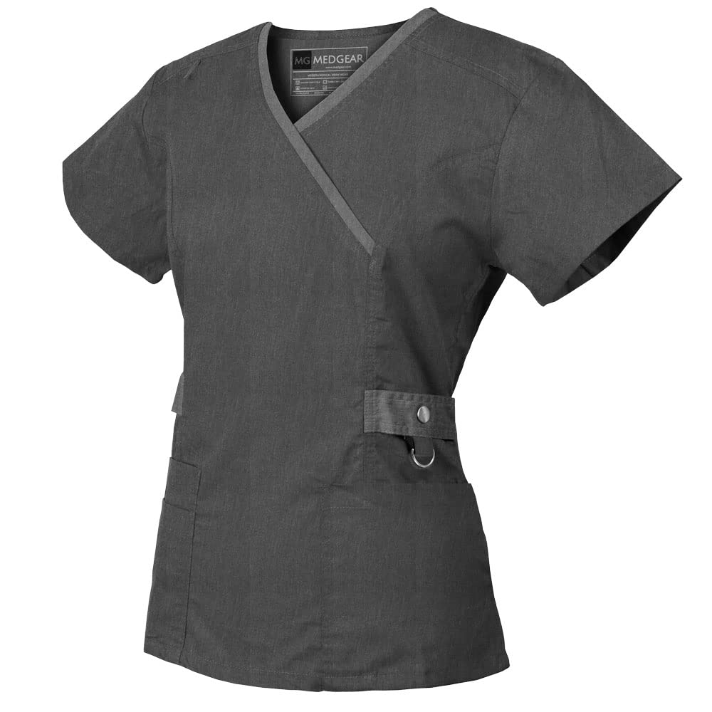 Medgear Luna Women's 4 way stretch Crossover Neckline Contrast Top Slim Leg Pant scrub Set (heather charcoal, l)