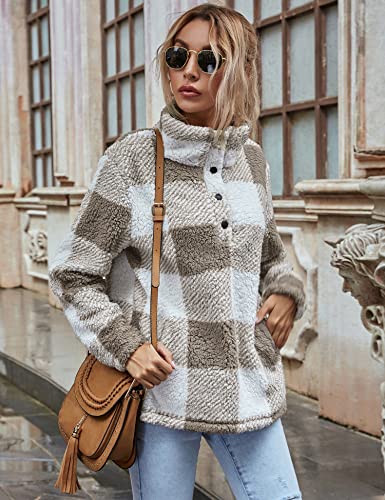 AKEWEI Women Faux Fleece Sweatshirt Fuzzy Button Pullover Coat with Pocket2