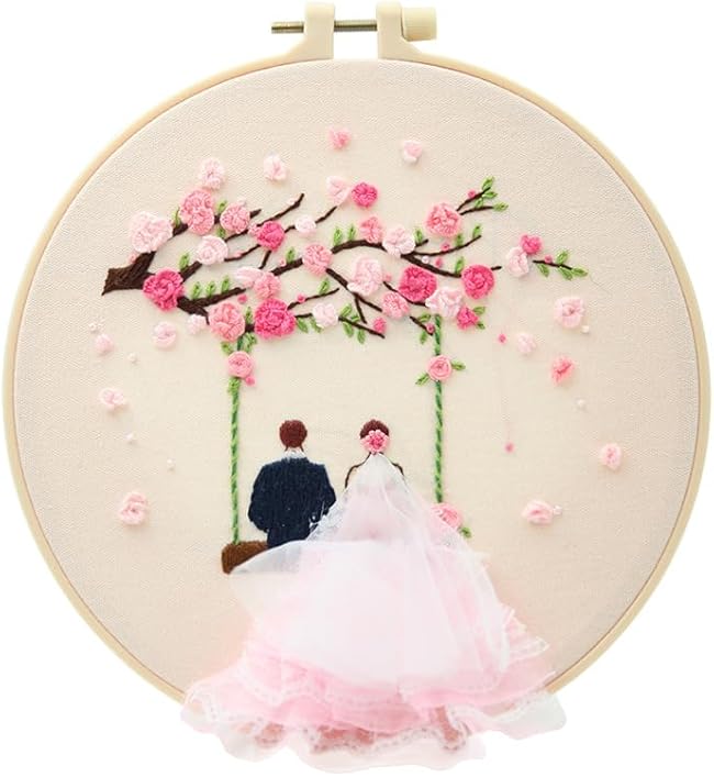 BYVUTE Embroidery Wedding Kit, for Beginners Wedding Decor Stamped Cross Stitch DIY Full Range Easy Needlepoint with Hoops and Color Threads for Adults Lovers Propose (Happiness)