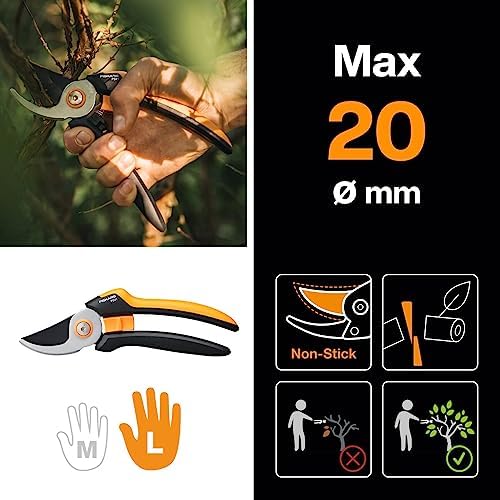 Fiskars Bypass Garden Pruners L, Solid, P341, for Fresh Branches and Twigs, Non-Stick Coated, Stainless Steel Blades, Length: 20.5 cm, Black/Orange, 1057164 - Thumbnail 5