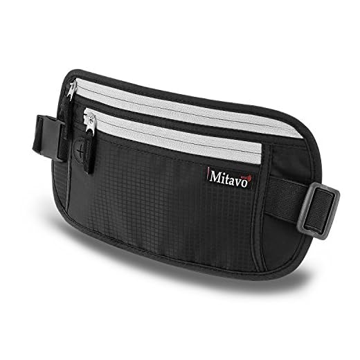 Mitavo banane de voyage plate avec bloquage RFID, étanche et respirante, sacoche ceinture voyage appropriée à tous les iPhone et Samsung, en noir pour hommes et femmes
