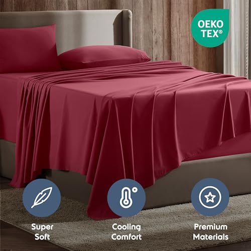 Image of Nestl Split King Bed Sheet Set - Burgundy Red - 5-Piece Deep Pocket | Instantly Soft, Night-One Ready (No Wash Required). Fits 16-Inch Deep Pockets, 360-Degree Elastic Grip