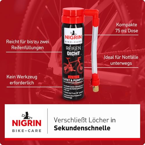 NIGRIN Fahrrad Reifendicht, sofortige Pannenhilfe, geeignet für alle gängingen Ventile, 75 ml