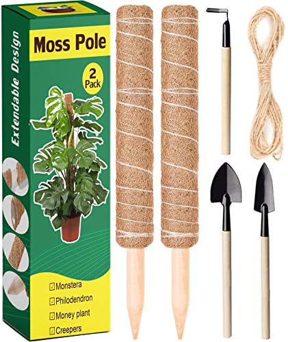 Henrycares 2 Stück Moosstab mit Mini Gartengeräte Set und 5 m Juteschnur, Ausziehbarer Pflanzstab Kokos Rankhilfe für Garten Käsepflanzen Indoor-Kletterpflanzen Monstera Philodendron Creeper 30CM Cover