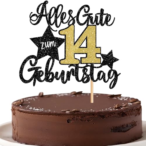 1 Stück 14th Geburtstag Tortendeko Alles Gute zum Geburtstag 14 Jahre Kuchen Deko Happy 14 Kuchendeko für Jungen Mädchen 14th Party Kuchen Dekorationen Schwarz Gold