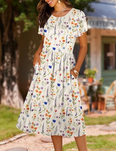 Image of HOTOUCH Women's Summer A-Line Midi Dresses 2026 Casual Floral Short Sleeve T-Shirt Dress Flowy Beach Sundress with Pockets