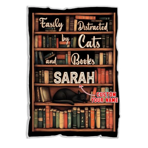 PERSONAL84 Personalized Vintage Book Blanket, Easily Distracted By Books And Cats, Bookish Item for Bookworm Book Lovers Readers, Custom Name Blanket, Warm Cozy Throw Blanket for Kids Adults Men Women -  1