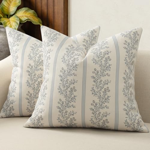 DKwizme Vintage Throw Pillow Covers 18x18 Set of 2 Striped Floral Pillow Cover Botanical Patterned Decorative Cushion Covers Modern Farmhouse Home Decor for Sofa Couch Bed Living Room Light Blue