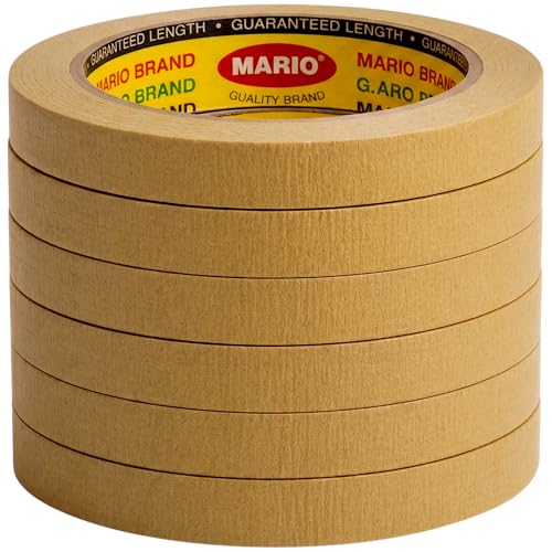 Image of Mario Brown Masking Tape - 20 Meter Length, 12mm Width - Strong Adhesive Tape for Painting, Repair & DIY Work - Residue Free - Pack of 6 Rolls