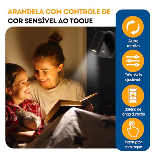 Luminária para quarto sem fio recarregável LED Leitura arandela de parede abajur de cabeceira (Preto