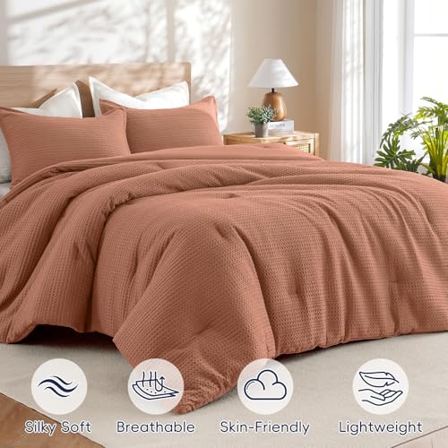 Image of PHF Soft Waffle Comforter Set Queen Size- Comfy Breathable Waffle Weave Comforter with 2 Pillow Shams, 3 Pieces Less Snagging Lightweight Textured Bedding Set for All Season, Terracotta
