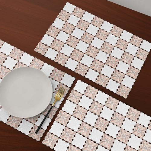 Yellow Weaves 6 Pcs PVC Table Placemats, Dining Table Mat, Stain Resistant, Anti-Skid, Waterproof, Washable, Dining, Kitchen, Restaurant Table Set Easy to Clean, Durable (Floral Rose Gold)