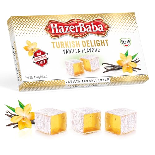 Hazer Baba Turkish Delight Candy, Vanilla Flavored, 16oz (Pack of 1), Gourmet Snack Box, Traditional, Vegan Snack, Turkish Lokum, Unique Sweets, Loukumi, Delicias Turcas, Halal, Kosher