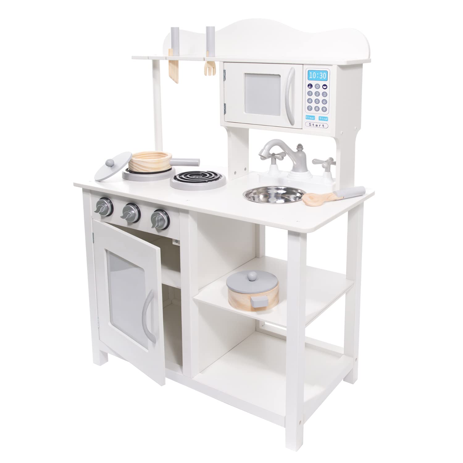Selonis Wooden Kitchen Play Set For Children, Pretend Cooking Toy, White