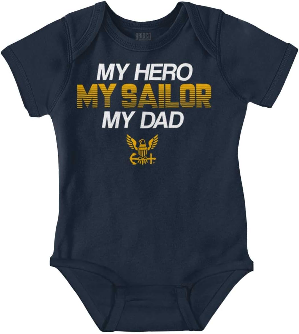 Brisco Brands US Navy Logo My Dad Hero Sailor Baby Romper Boys or Girls