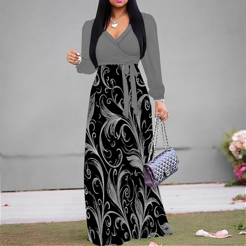 Image of Women's Plus Size Maxi Dresses Long Sleeves V Neck Floral Print Bohemian Swing Long Dress with Belt