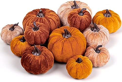 Whaline 12Pcs Fall Faux Velvet Pumpkins Thanksgiving Harvest Arti...
