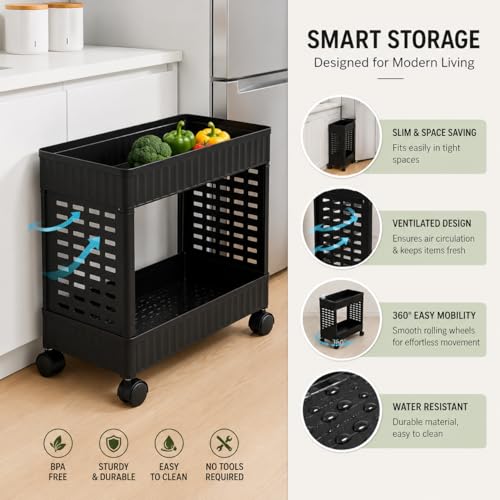 Image of wall love Plastic Storage Rack Trolley with Wheels for Kitchen, Bathroom & Bedroom - Multipurpose Organizer Shelf Rack for Fruits, Toiletries, Snacks and Household Storage (2 Layer)
