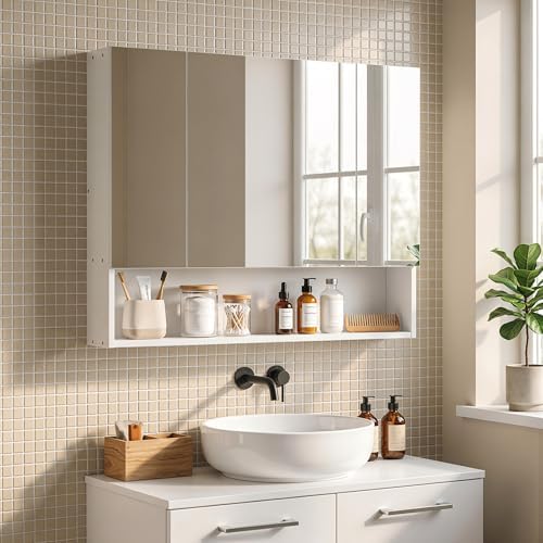 kleankin Armoire Murale Salle de Bain avec Miroir, 90 x 15 x 75 c...
