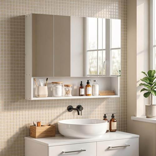 kleankin Armoire Murale Salle de Bain avec Miroir, 90 x 15 x 75 cm, Meuble Salle de Bain, Armoire de Toilette avec 3 Portes Miroir, Compartiment Ouvert et...