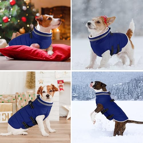 Image of Dogcheer Dog Warm Coat, Waterproof Dog Jacket with Harness - Blue,XL | Reflective Adjustable Puppy Winter Coat with Zipper, Christmas Dog Puffer Jacket, Fleece Cold Weather Coats for Large Dogs