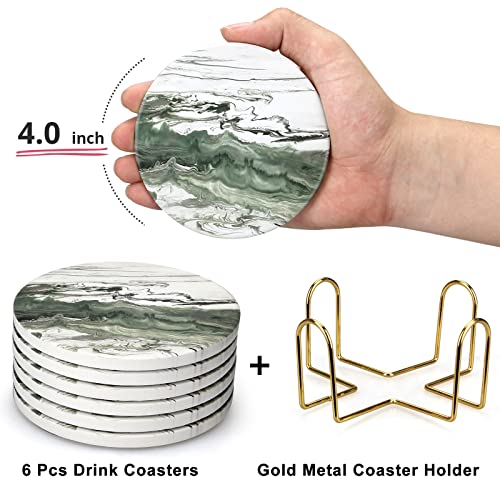 6 Pcs Green Ceramic Coasters With Holder Round Cool Drink Absorbent Coasters Set Best Modern Coffee Table Coasters Art Decorative Coasters Bar Farmhouse Outdoor Coasters Cup Coaster Gift #TOP2