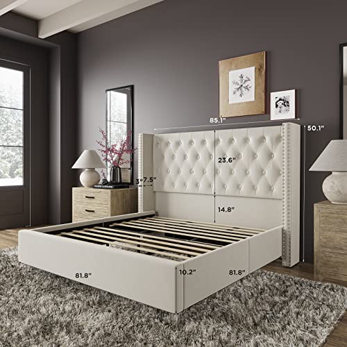 Jocisland King Bed Frame Upholstered Bed Wingback Headboard Velvet Tufted Diamond Button/No Box Spring Needed/Easy Assembly/Cream #TOP3