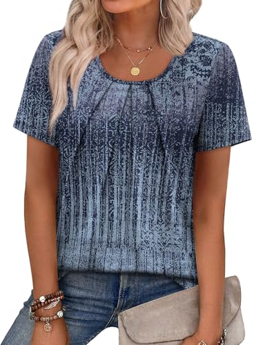Image of WIHOLL Women T Shirts Pleated Short Sleeve Tops Business Casual Blouses | Loose Fit, Dressy Casual, Trendy 2026, Flowy, Boho