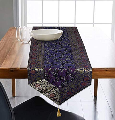 Image of Ari Zari Embroidery Table Runner for ining Table 6 Seater 72IN Indian Satin Traditional Long Runner Up with Tassels Tablecloth for Room & Runner (Navy Blue)