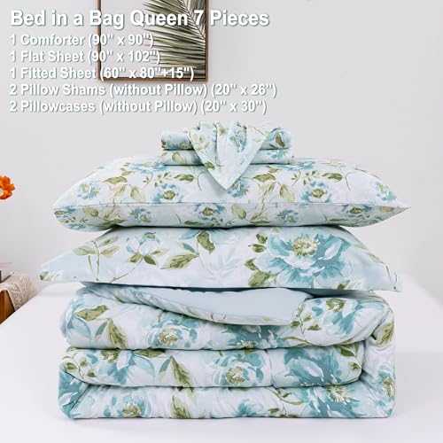 Image of lasoftan Floral Queen Comforter Set with Sheets, 7 Piece Luxury Vintage Bedding, Soft Microfiber Bed in a Bag, Cozy Lightweight Bed Set, Green Leaves Teal Blue Flower