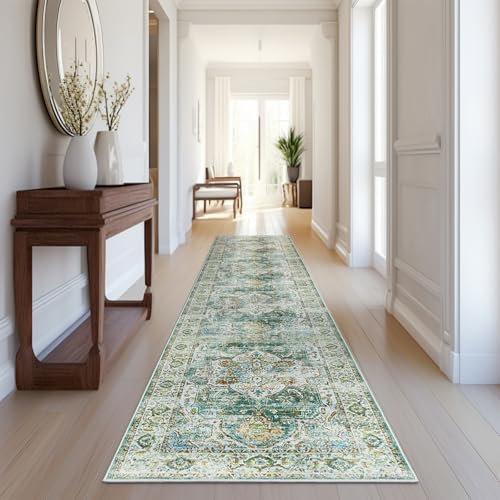 Madane Runner Rugs for Hallway 2x10 Long Washable Non-Slip Hallway Runner Rug Low-Pile Stair Kitchen Runner Soft Throw Carpet for Entrance Living Dining Laundry Room (Green, 2 x 10)
