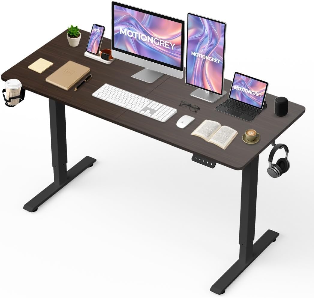 MotionGrey - Electric Motor Height Adjustable Standing Desk, 140 x 60 cm, Ergonomic Stand Up Desk, Adjustable Computer Sit Stand Desk Stand - Black Frame Single Motor with Table Top