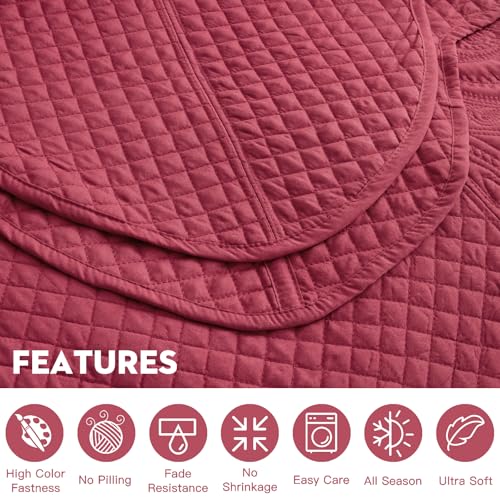 Image of Oversized King Bedspread, Stitched Paisley Quilt Set King /Cal King, Lightweight Reversible Coverlet, Scalloped Edge - Rich Traditional Classic Look, 5 Piece, Wine Red