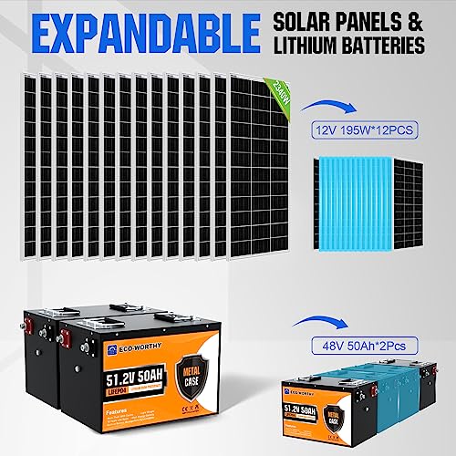 Eco-Worthy 9.4Kwh 2340W 48V Off Grid Complete Solar Panel Kit For Home/Shed: 12Pcs 195W Solar Panel + 2Pcs 48V 50Ah Lithium Battery(5.12Kwh) + 5000W 48V All-In-One Mppt Charger Inverter,Plug And Play #TOP5