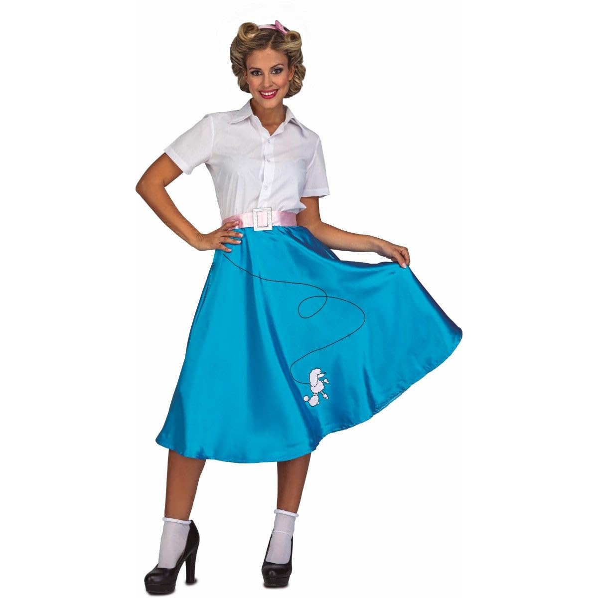 My Other Me - Disfraz Años 50 mujer, talla M-L. Incluye camisa blanca de manga corta con botones, falda satinada azul con caniche estampado, cinturón rosa con hebilla y tocado.
