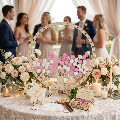 Image of Wedding Guest Book Alternative Wooden Cherry Blossom Tree Drop Chip Sign-In | Personalized rustic sakura heart drop box keepsake for spring weddings, holds 40-250 guest wooden hearts as sign-in decor
