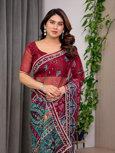 Image of ALMAARI FASHIONWomen's Floral Printed Organza Saree with Unstitched Blouse Piece | Traditional Ethnic Wear Sarees | Soft Lightweight Ethnic Office Wear Daily Wear Indian Sari (ORGANZA 121-130 H)