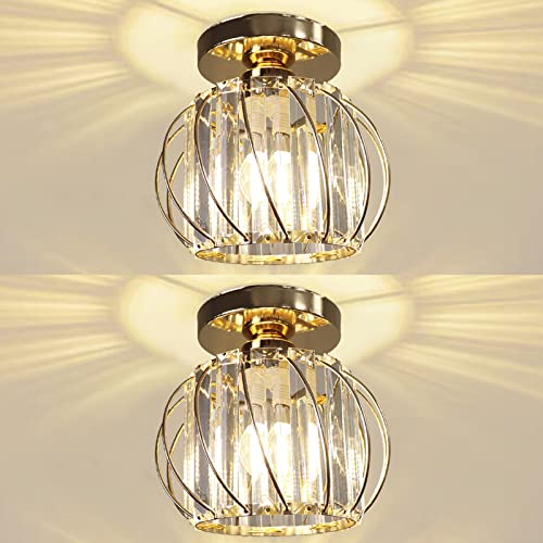 Hudi Fyier Chandelier Crystals Ceiling Lighting Fixtures, 2 Pack Gold Modern Mini Ceiling Light, Small Semi Flush Mount Ceiling Lamp for Hallway Kitchen Dining Rooms Living Rooms Bar