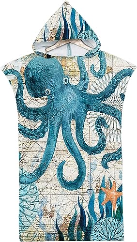 Treer Poncho Asciugamano con Cappuccio, Adulto Spiaggia Robe Cambiarsi Microfibra Assorbente Telo da Bagno Asciugatura Rapida Copricostume Accappatoio per Mare Surf (75x110cm,Polpo)