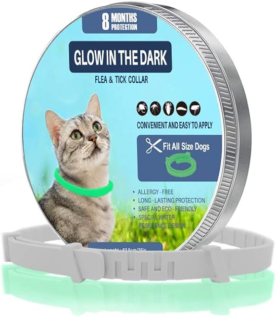 Flea and Tick Collar for Dogs and Cats, Flea Treatment for Puppy Kitten, Light up Collar Glow in Dark Safety for Pet, Waterproof, Natural, Adjustable Size,8 Months Protection,1 Pack(Small)
